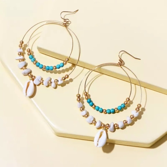 Turquoise Stone Beaded Cowrie Shell Hoop Earrings - Picture 1 of 4